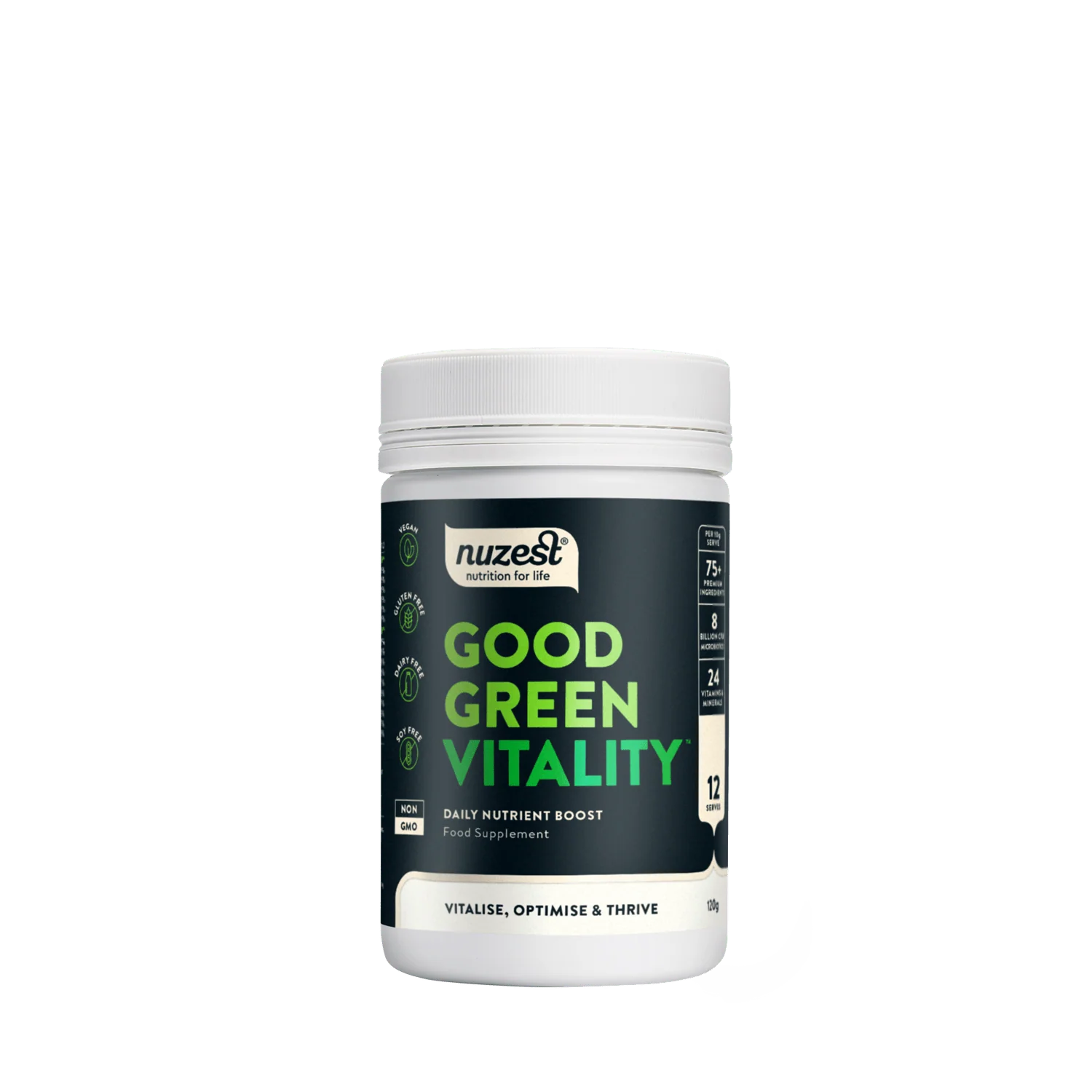 Nuzest Good Green Vitality supplement container on a white background