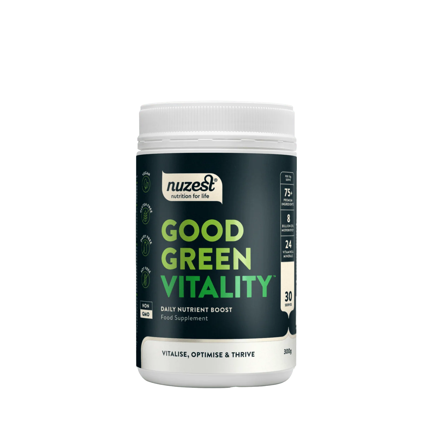 Nuzest Good Green Vitality supplement container on a white background