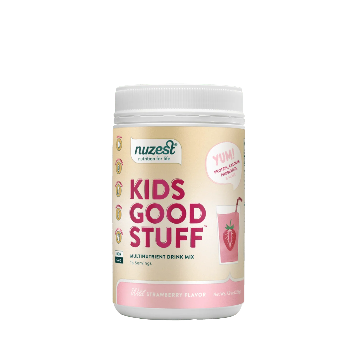 Nuzest Kids Good Stuff multivitamin drink mix container on a white background