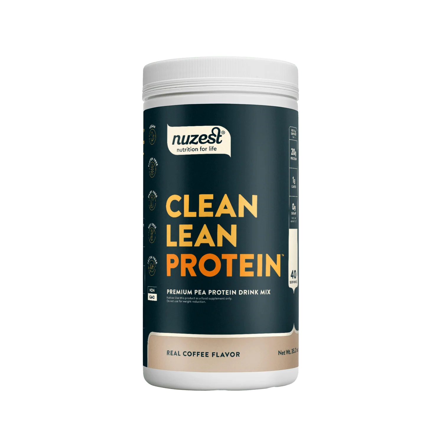Nuzest Clean Lean Protein container on a green background