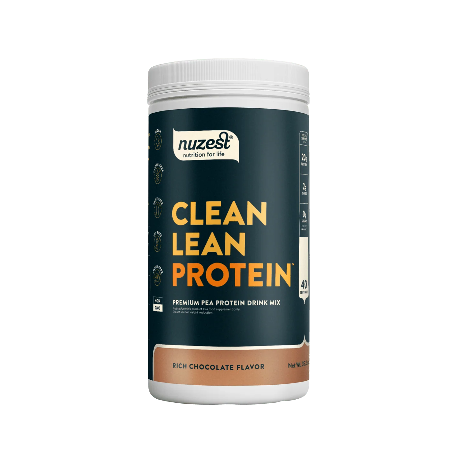 Nuzest Clean Lean Protein container on a green background