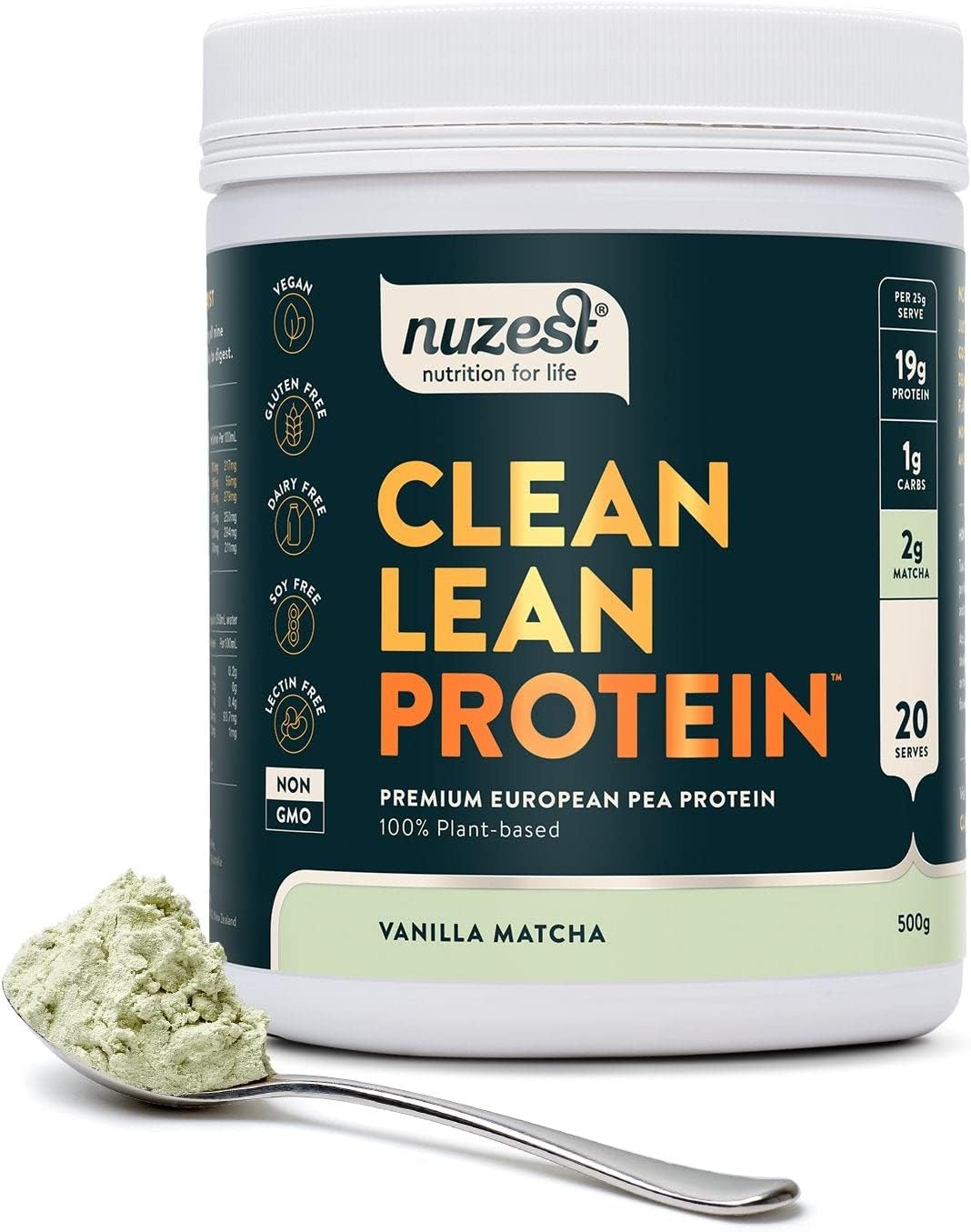 Nuzest Clean Lean Protein container with vanilla matcha powder on a spoon