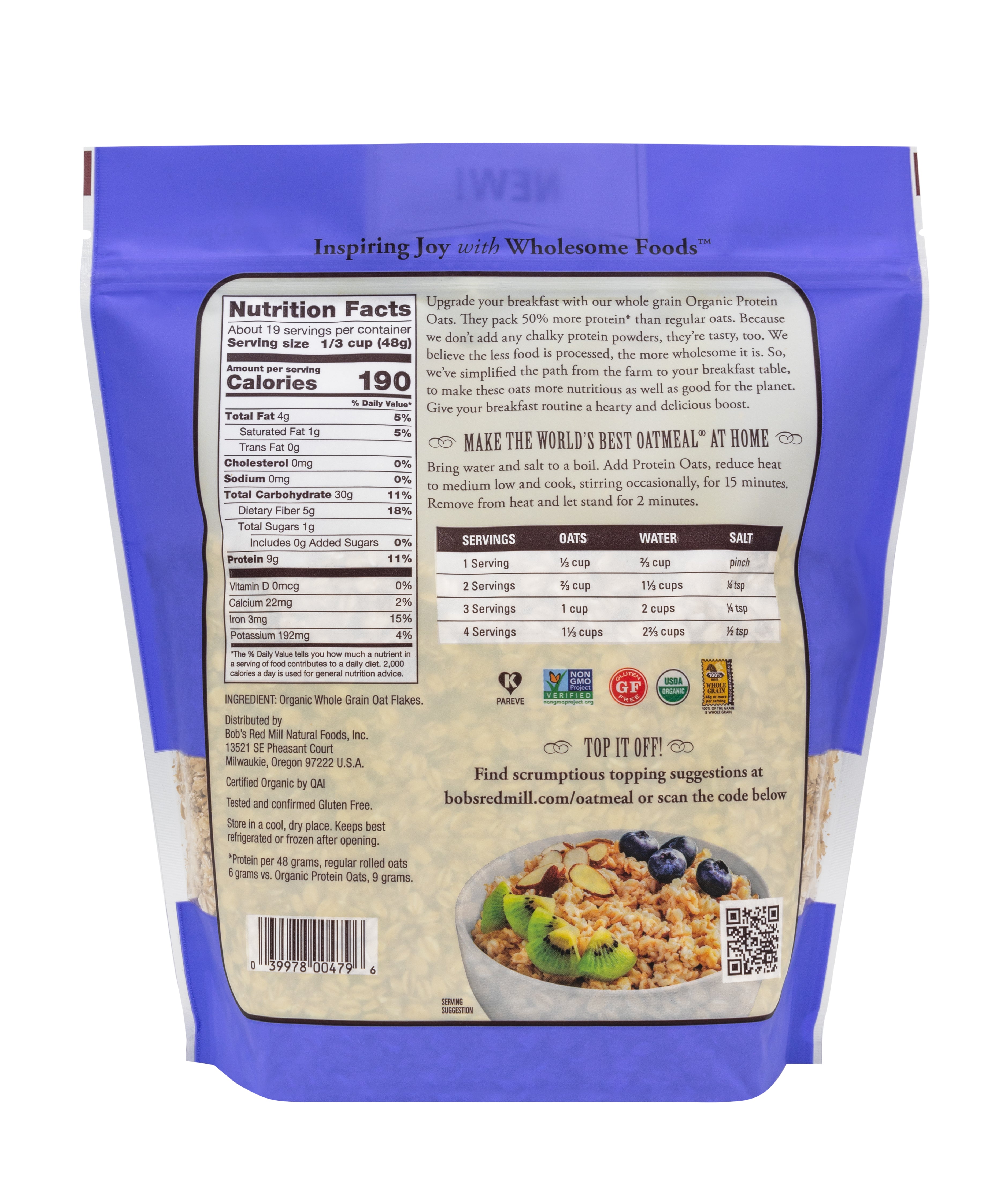 Bob's Red Mill Organic Protein Oats, Whole Grain, Gluten Free 907gm