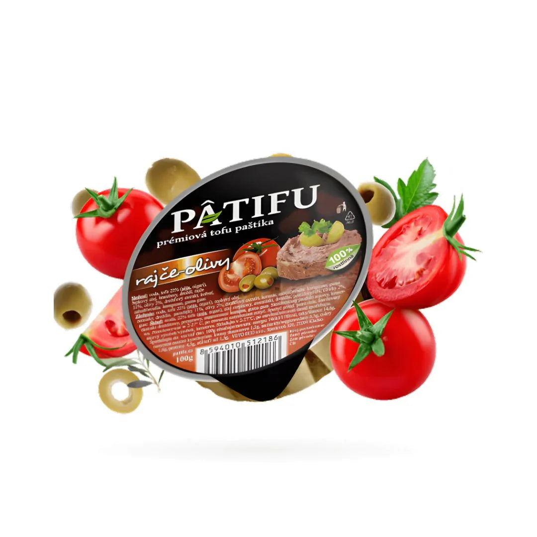 Pâtifu tomato olive tofu spread with fresh tomatoes and green olives, plant-based food UAE