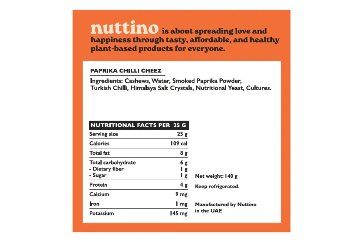 Paprika Chilli Cheez plant-based nutritional facts and ingredients label by Nuttino, UAE.