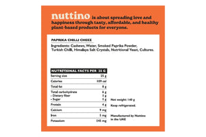 Paprika Chilli Cheez plant-based nutritional facts and ingredients label by Nuttino, UAE.