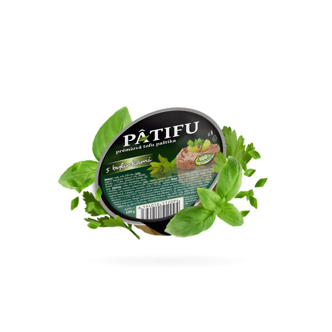 Patifu premium tofu spread herb flavor, surrounded by fresh herbs, plant-based vegan food