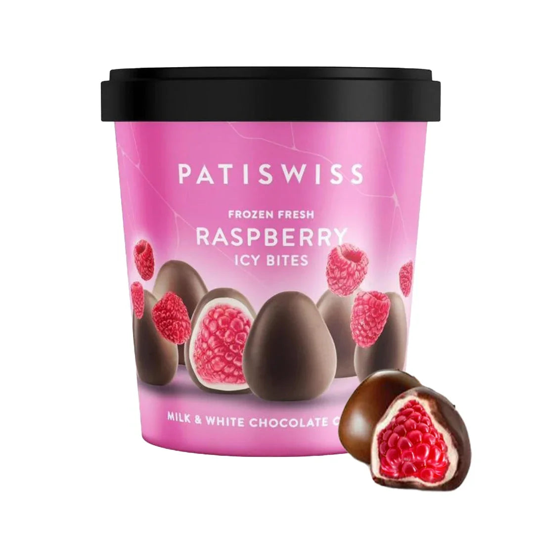 Patiswiss Frozen Fresh RASPBERRY Icey Bites Coated in Milk and White Chocolate - 250g