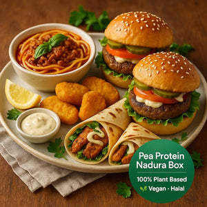 Plant-based burgers, nuggets, wraps, and spaghetti on a plate, labeled vegan and halal.