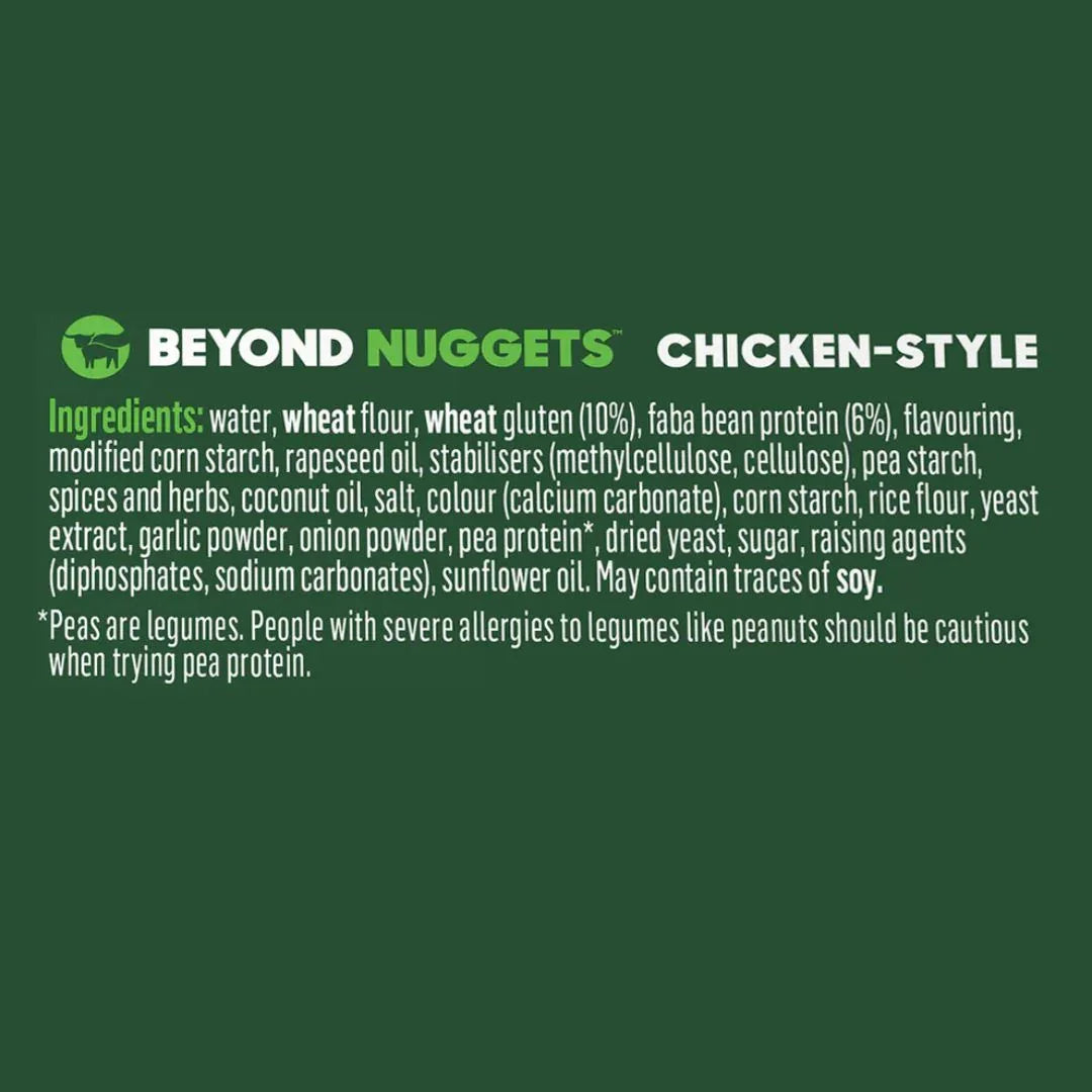 Beyond Nuggets chicken-style plant-based ingredients label with allergen information, iPlantBased UAE