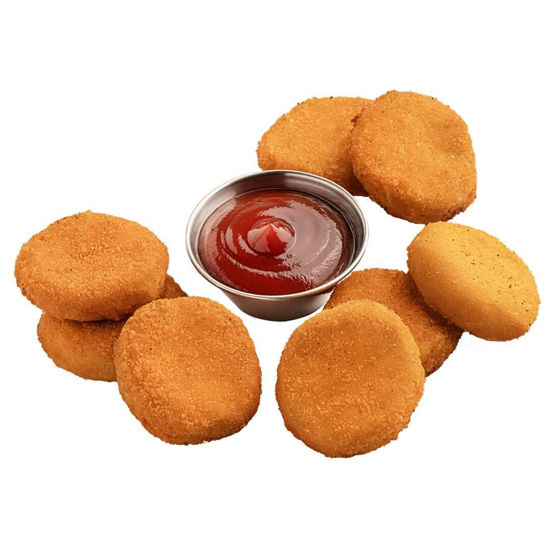 Plant-based nuggets with ketchup dip on white background, iPlantBased UAE vegan food