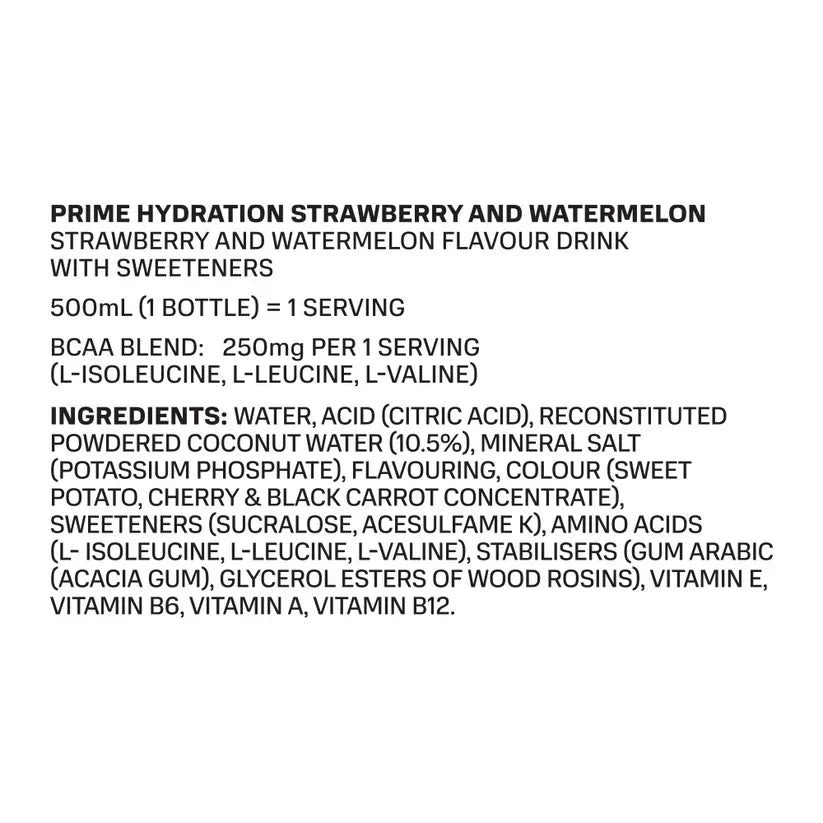 Prime Hydration Strawberry and Watermelon drink label ingredients, plant-based beverage info