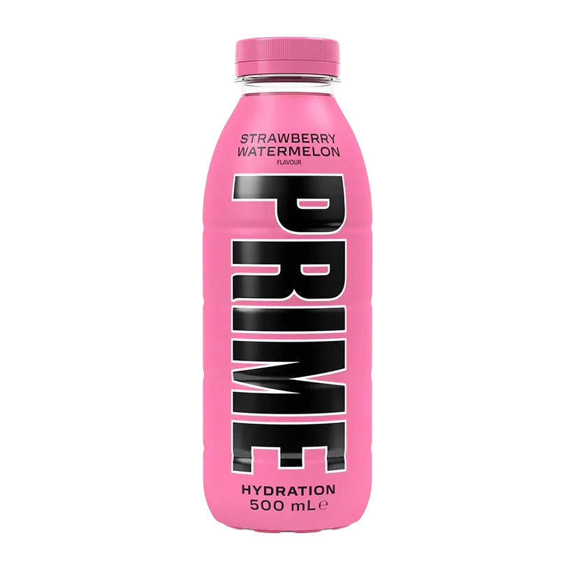Prime Strawberry Watermelon 500ml hydration drink bottle, pink label, on white background.