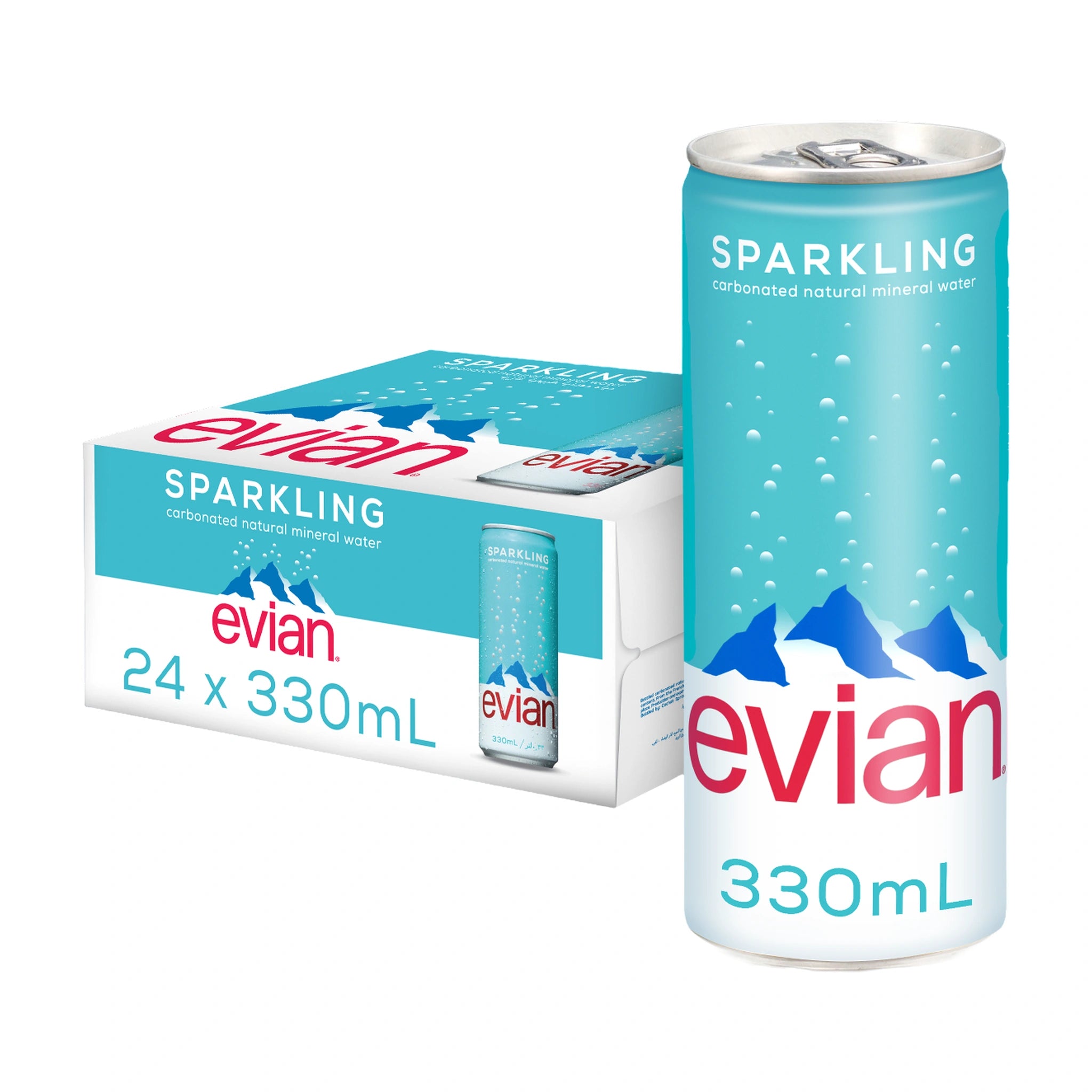 Evian Sparkling Carbonated Natural Mineral Water Can, (Pack of 24) 330ml