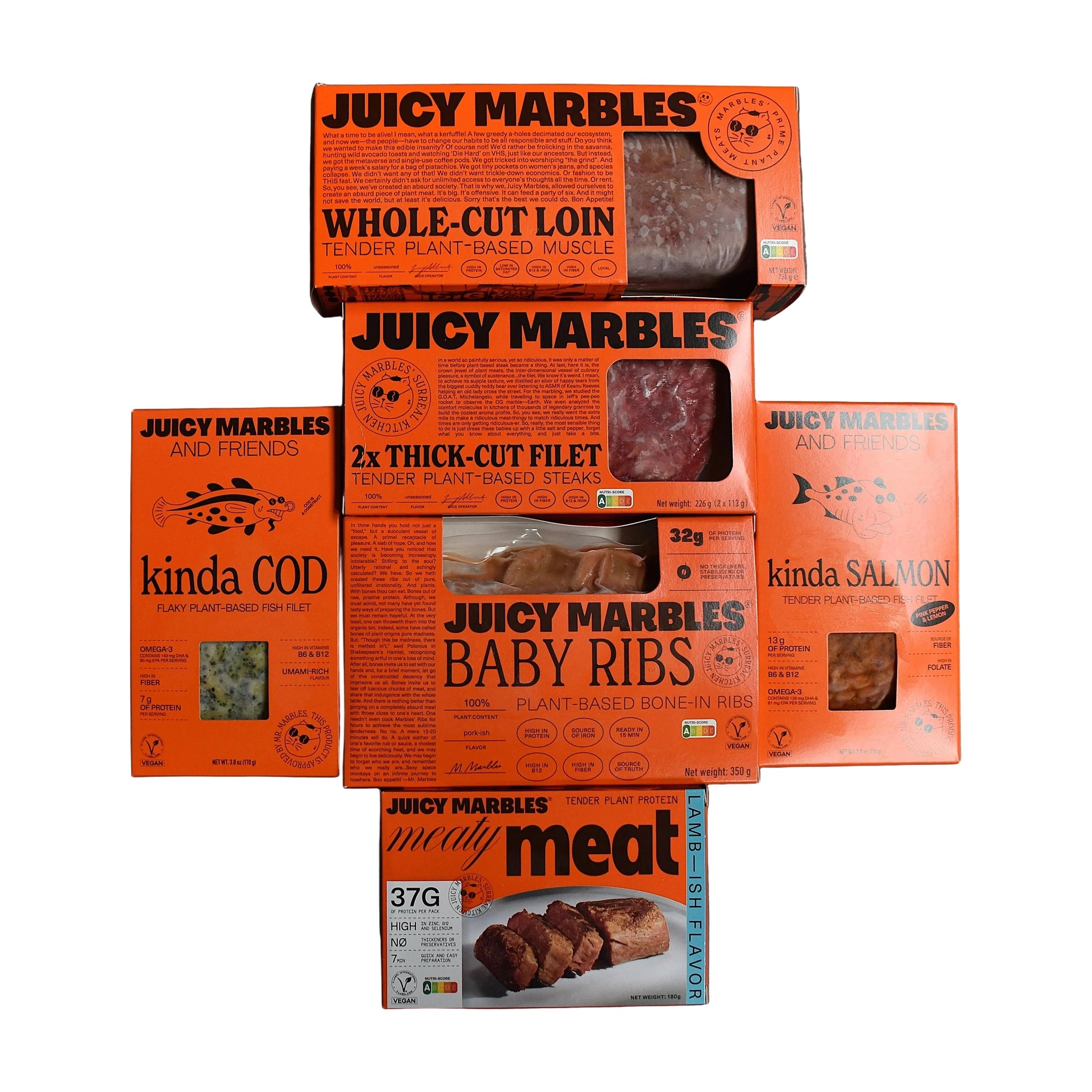 Juicy Marbles Signature Plant-Based Vegan (6 Assortment) Whole Cut Filet, Thick Cut Loin, Baby Ribs, Lamb Ish, Kinda Cod & Kinda Salmon