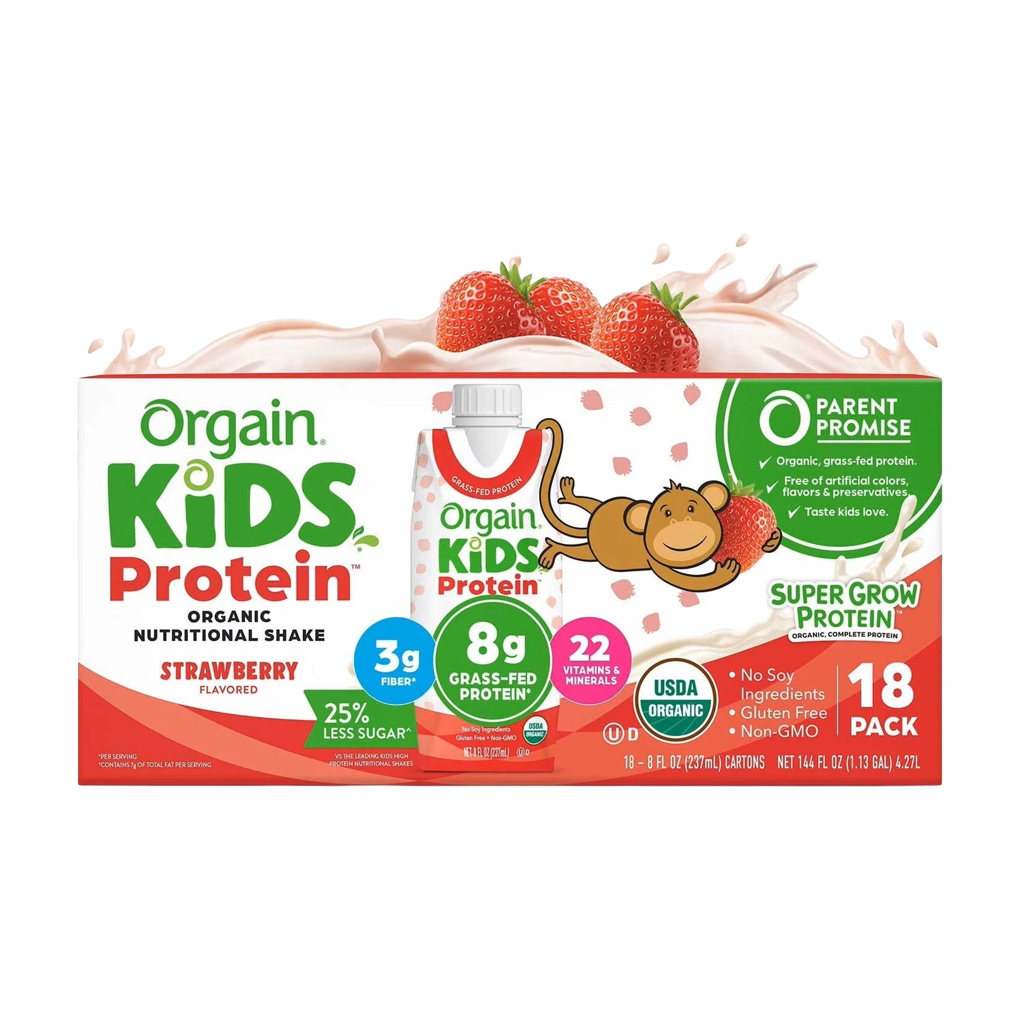 Orgain Kids 8g Protein Organic Nutrition Shake, Strawberry 237ml (18 pk)