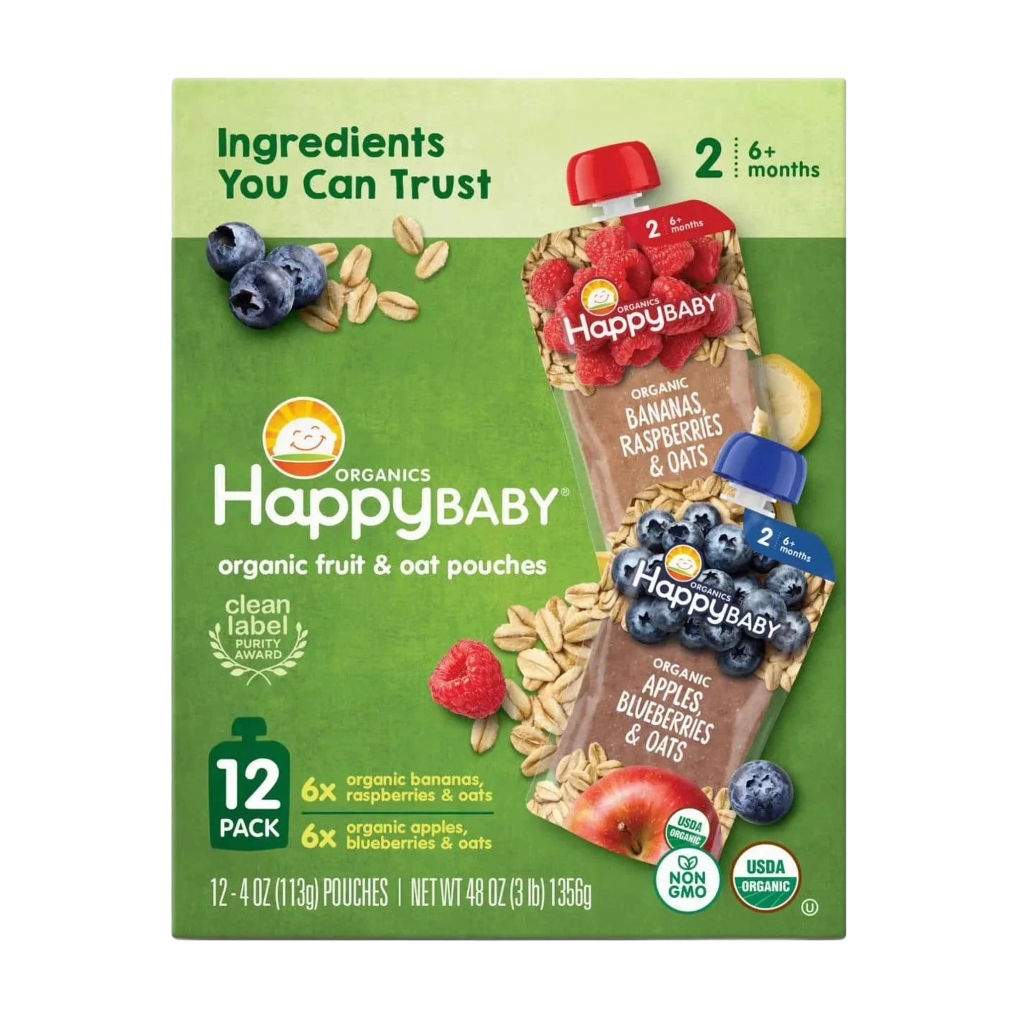 HappyBABY Organics Clearly Crafted Fruit & Oat Pouches Variety Pack, 113g (12pc)