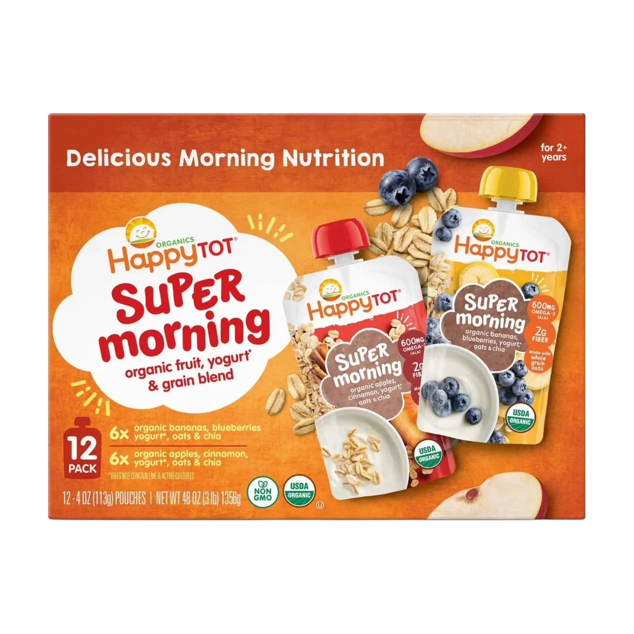HappyTOT Organics Super Morning Pouch 113g, Apple Cinnamon and Blueberry Banana Variety-12 Pack