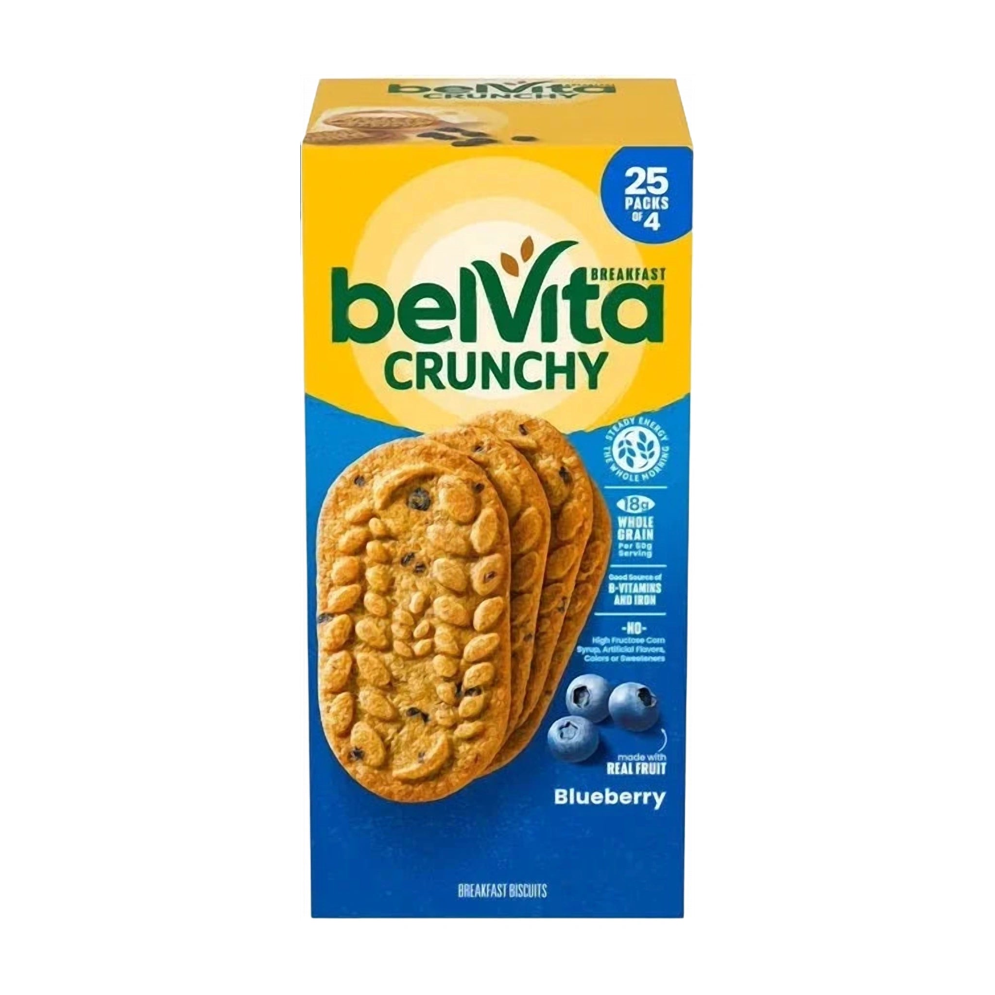 Belvita Crunchy Breakfast Biscuits, Blueberry - 1.25 kg (25 Packs of 4)