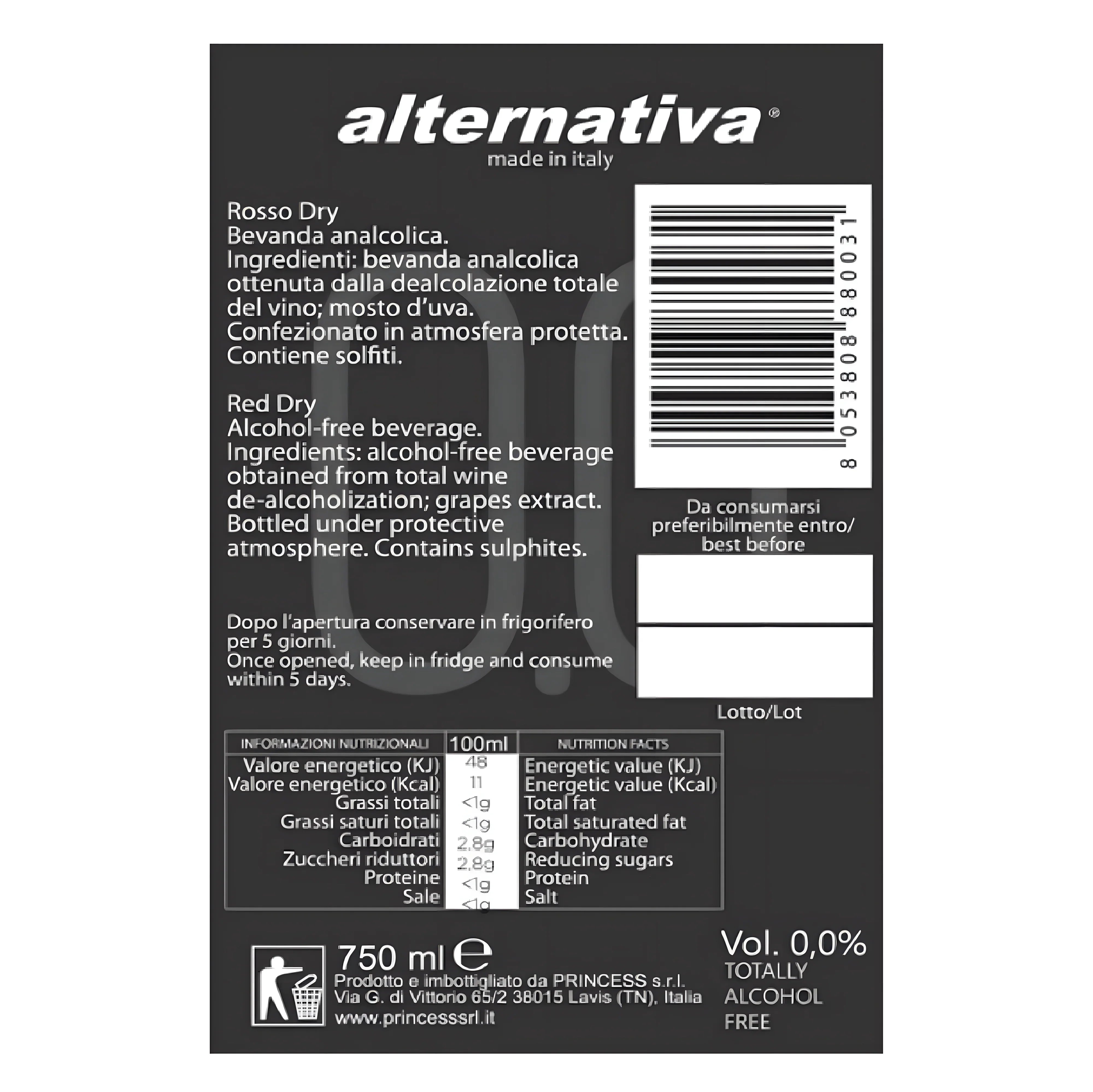 Alternativa 0.0% Rosso Halal-Certified (Alcohol Free) Red Dry Wine 750ml