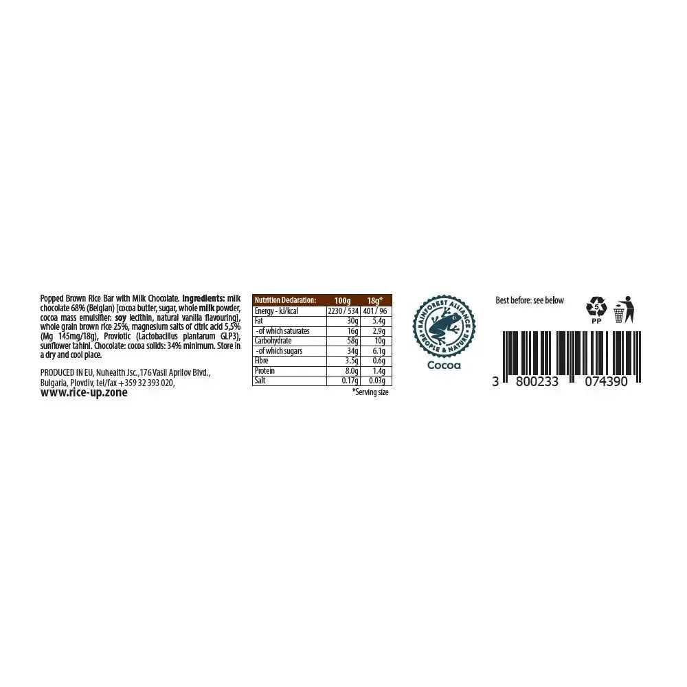 Rice Up Milk Chocolate Rice Bars, 20 x 18 g