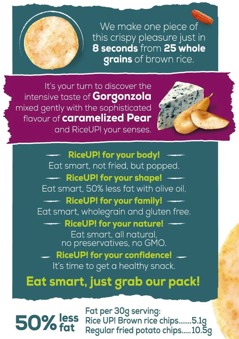 Rice Up Whole Grain Rice Chips Gorgonzola and Caramelized Pear 60G, Gluten free, No GMO