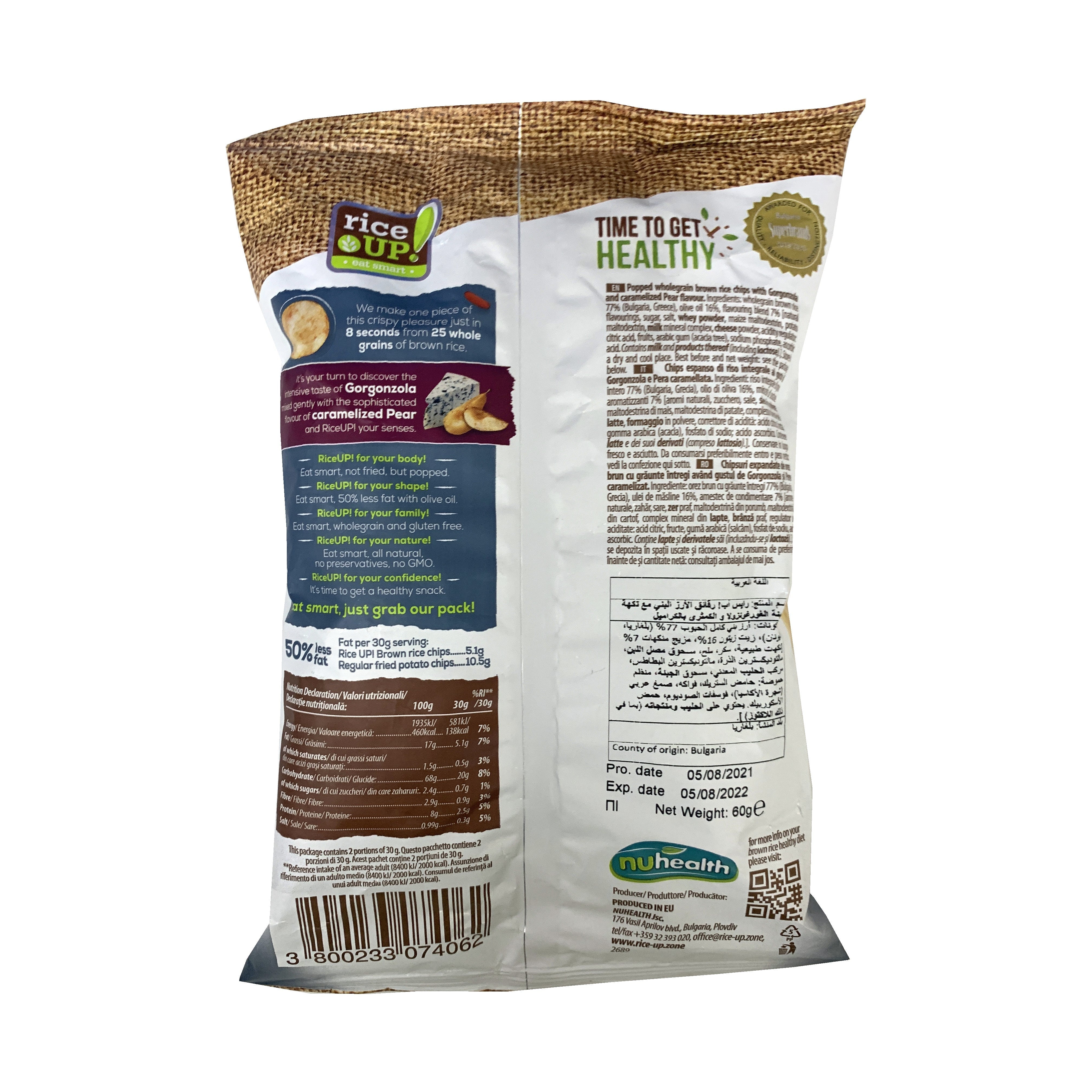Rice Up Whole Grain Rice Chips Gorgonzola and Caramelized Pear 60G, Gluten free, No GMO