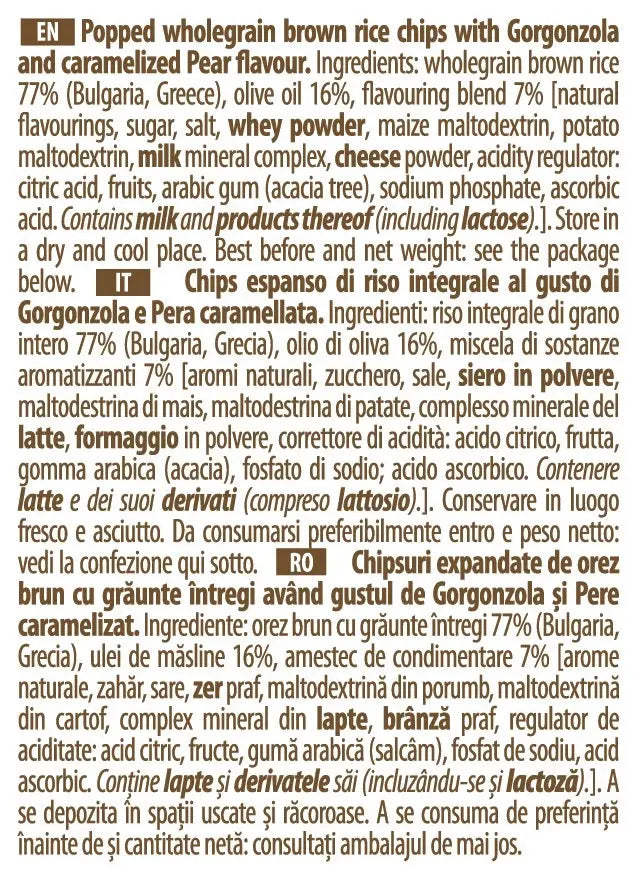 Rice Up Whole Grain Rice Chips Gorgonzola and Caramelized Pear 60G, Gluten free, No GMO