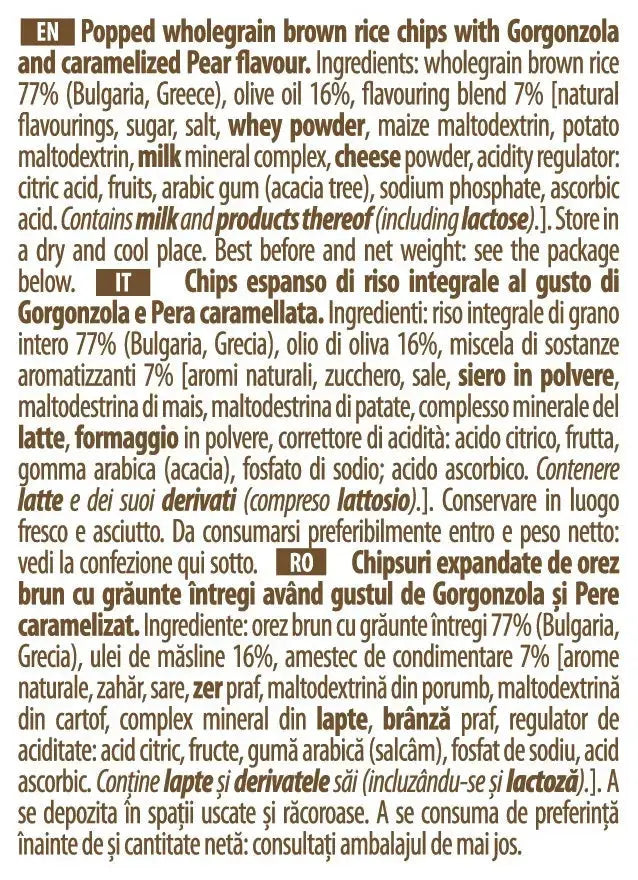 Rice Up Whole Grain Rice Chips Gorgonzola and Caramelized Pear 60G, Gluten free, No GMO