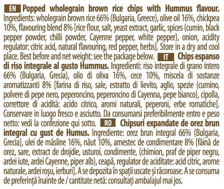 Rice Up Whole Grain Rice Chips Hummus 60G, Gluten free, No GMO