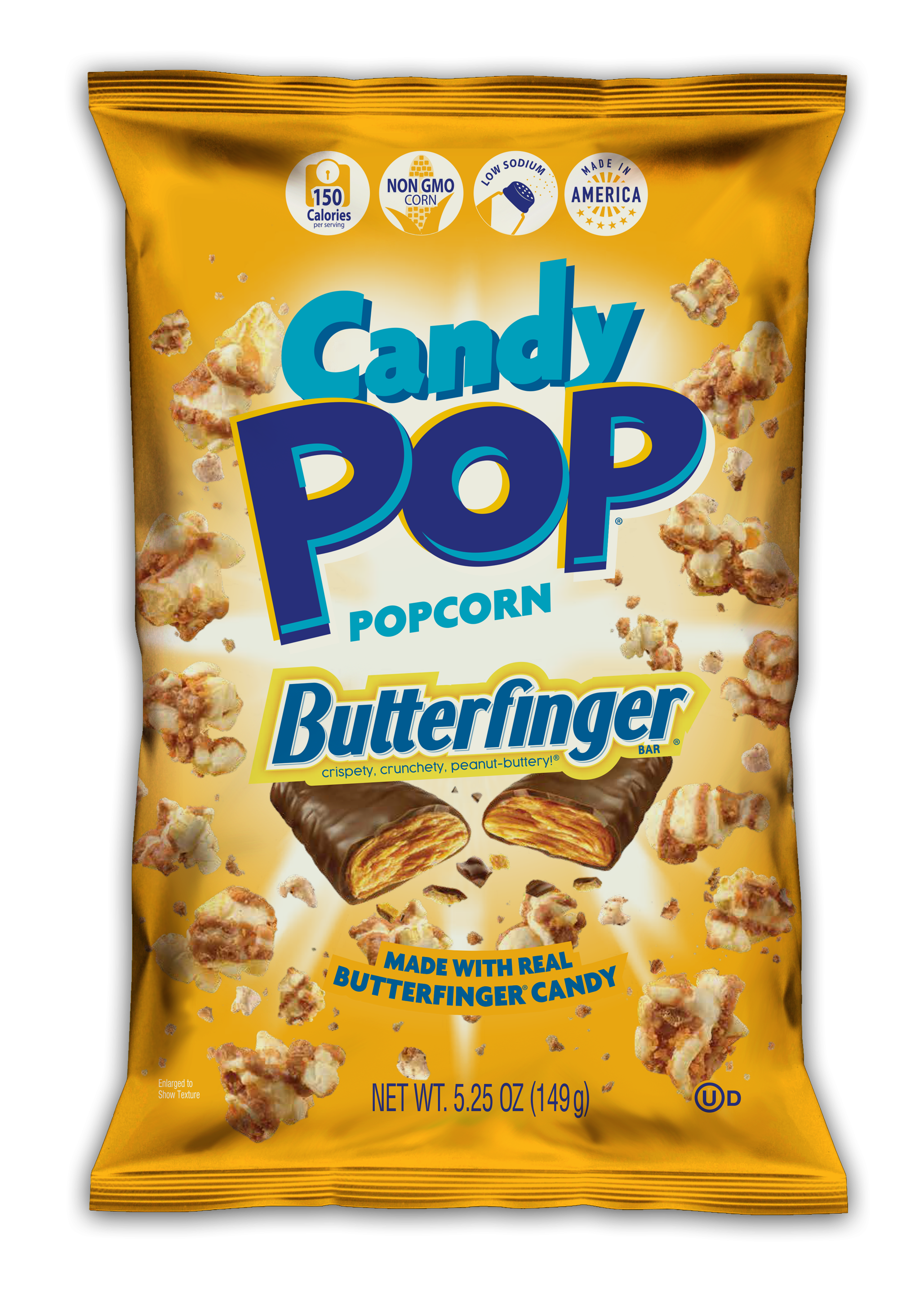Candy Pop Popcorn Butterfinger, Made with Real Butterfinger Candy, Low Sodium, 150 Cal, Non GMO ,5.25OZ (149g)