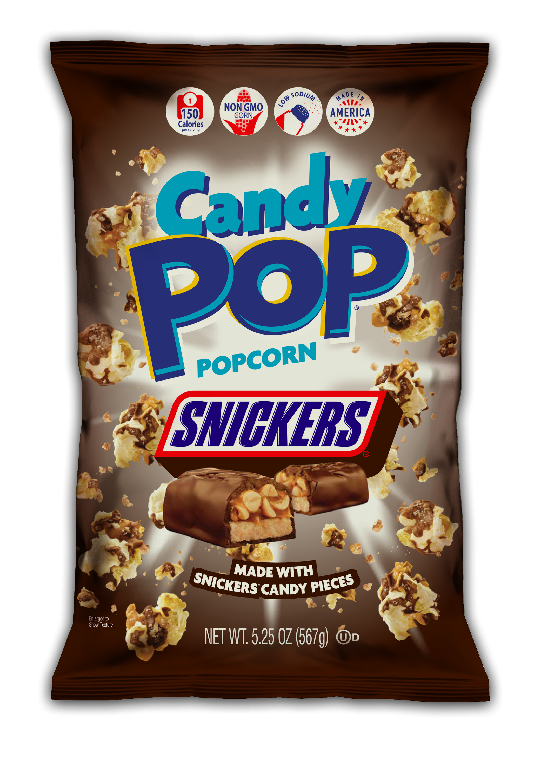 Candy Pop Popcorn Snickers, Made with Snicker Candy, Low Sodium, 150 Cal, Non GMO ,5.25OZ (149g)