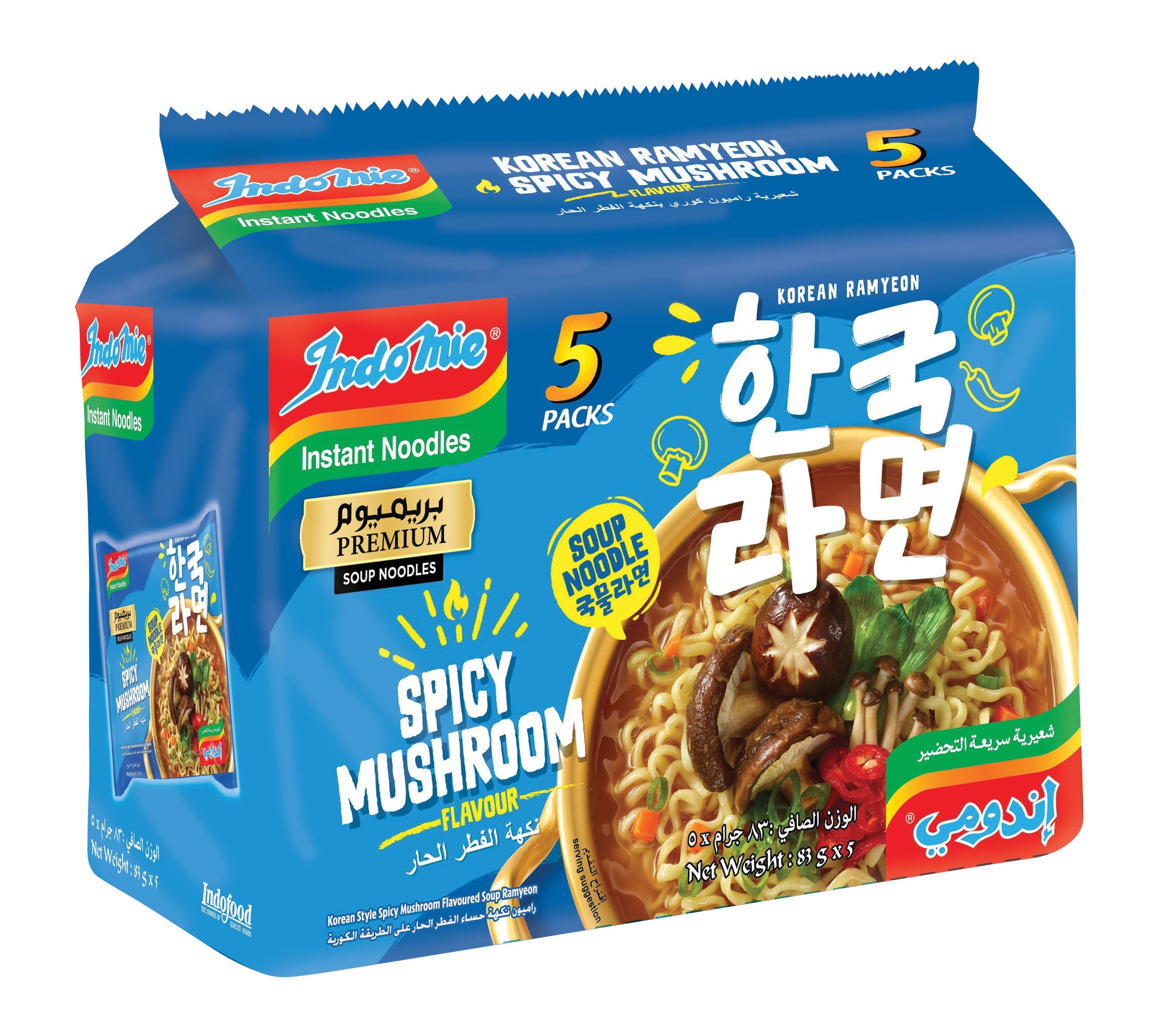 Indomie Korean Spicy Mushroom Soup Noodle, Halal Certified - 5 Packs Each 83gm