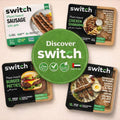 Assorted Switch plant-based frozen foods including sausage, chicken shawarma, and burger patties, with a green Discover Switch label, halal, vegan, gluten-free and Made in UAE icons, for iPlantBased UAE.