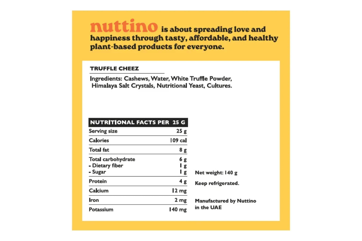 Truffle Cheez nutritional facts and ingredients, plant-based product by Nuttino, UAE