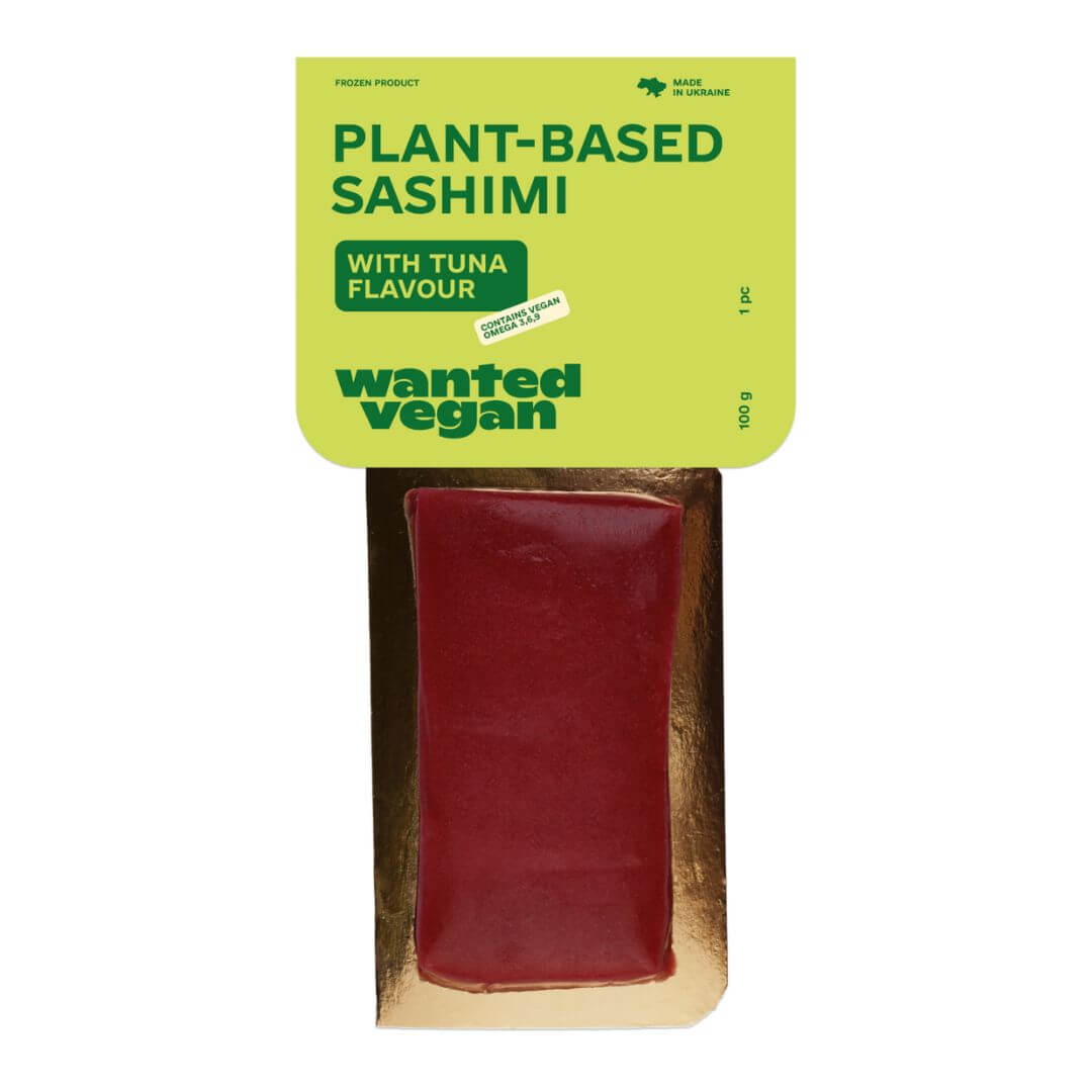 Wanted Vegan plant-based sashimi with tuna flavour, vegan frozen food packaging.