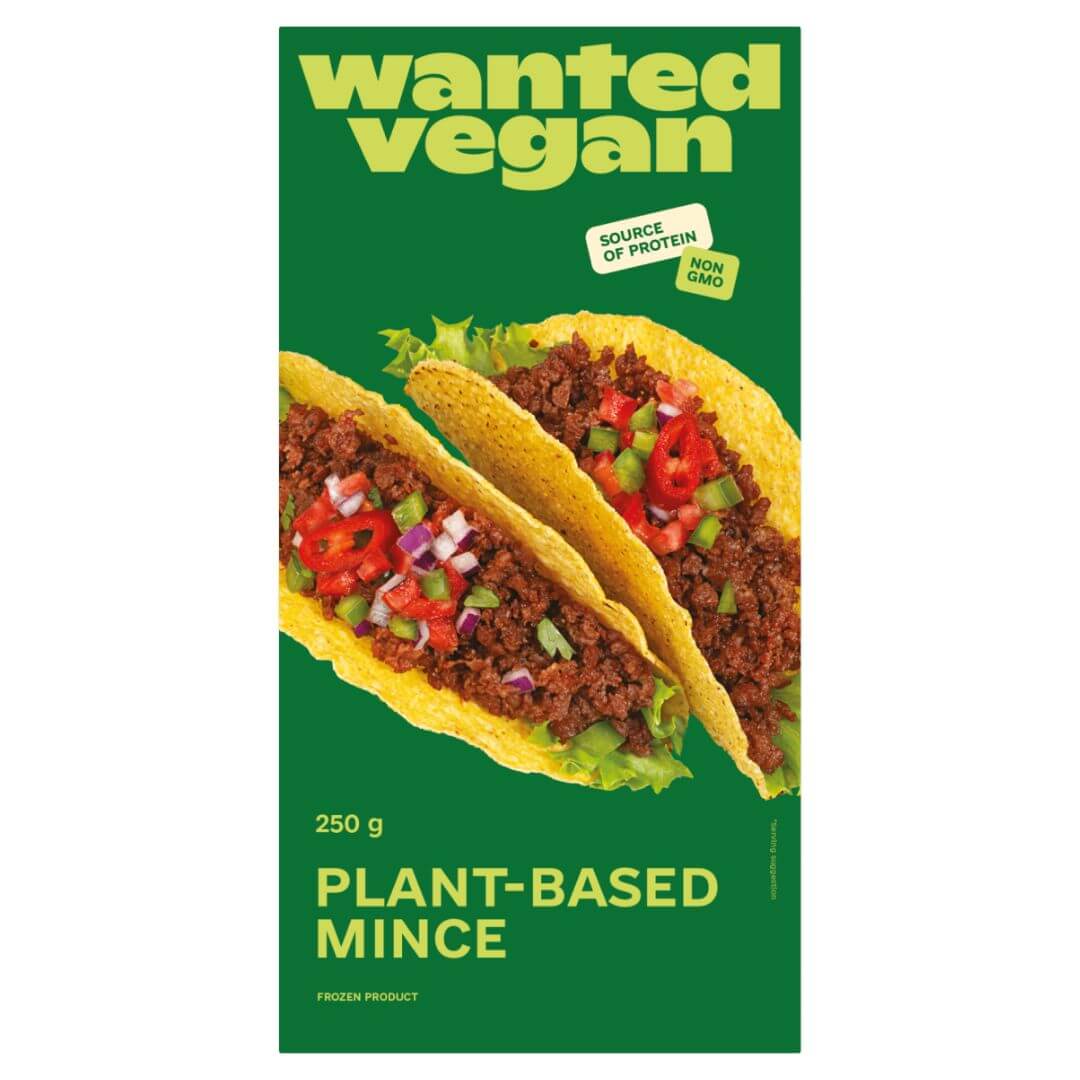 Wanted Vegan plant-based mince 250g package with tacos, vegan food, non-GMO, UAE store