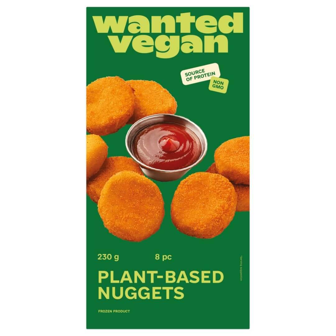 Wanted Vegan plant-based nuggets packaging with golden nuggets and ketchup, iPlantBased UAE