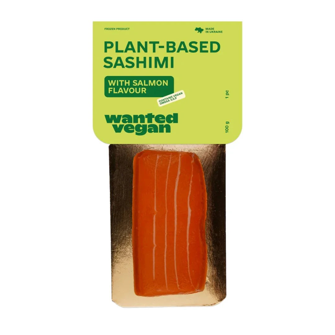 Wanted Vegan plant-based salmon sashimi packaged, 100g, vegetarian frozen food from iPlantBased UAE.