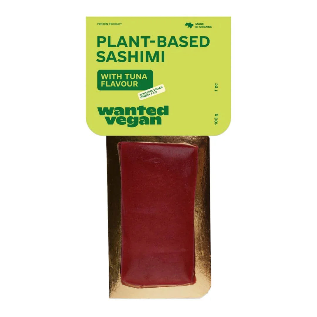 Wanted Vegan plant-based sashimi tuna flavour in green and gold packaging, iPlantBased UAE
