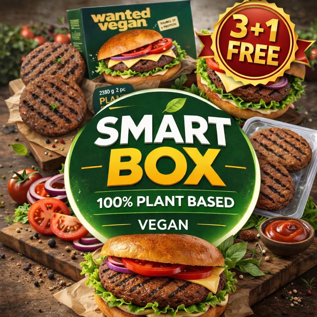 Smart Box plant-based vegan burger with promotional text and free offer on a rustic background
