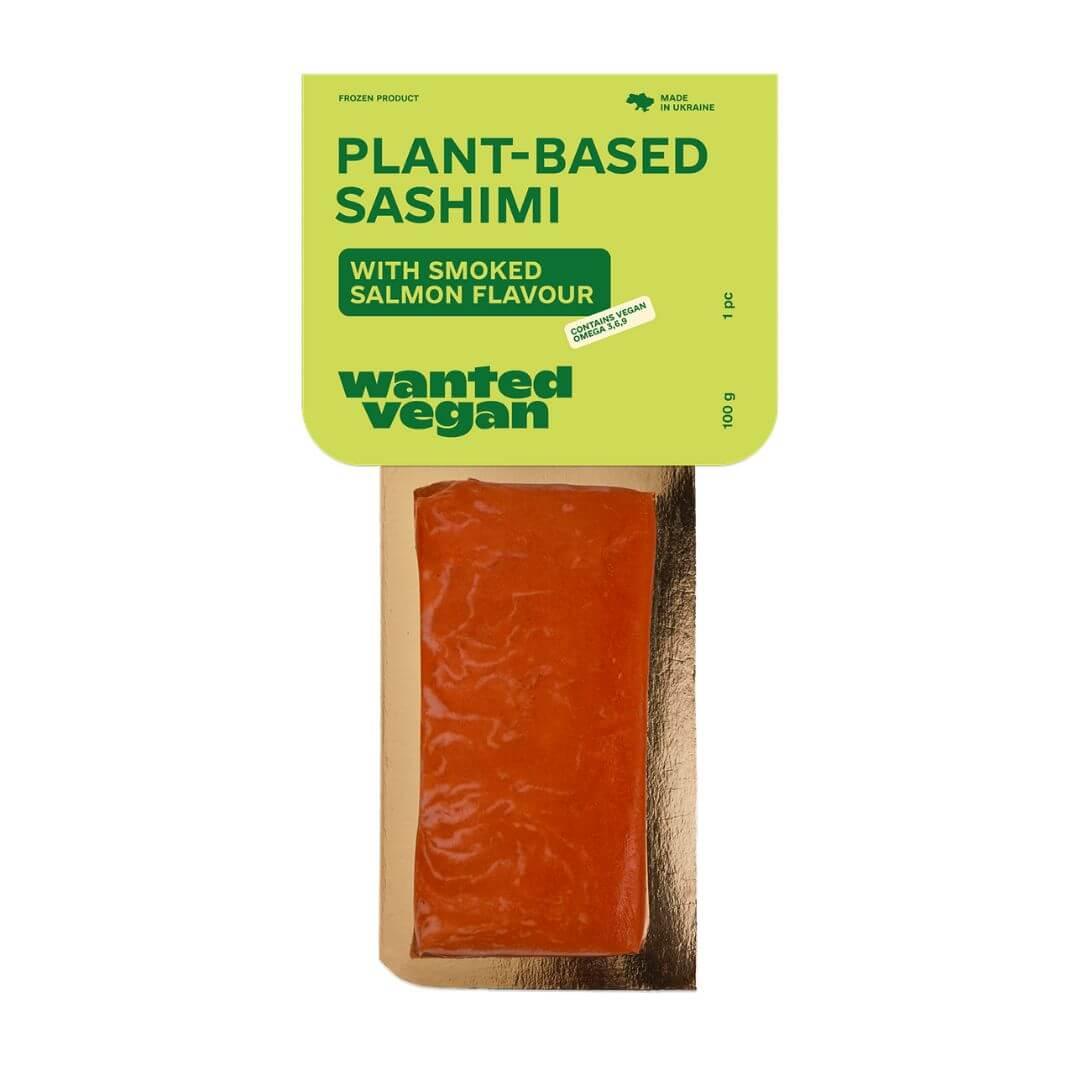 Wanted Vegan plant-based smoked salmon sashimi 100g in green and gold packaging, iPlantBased UAE.