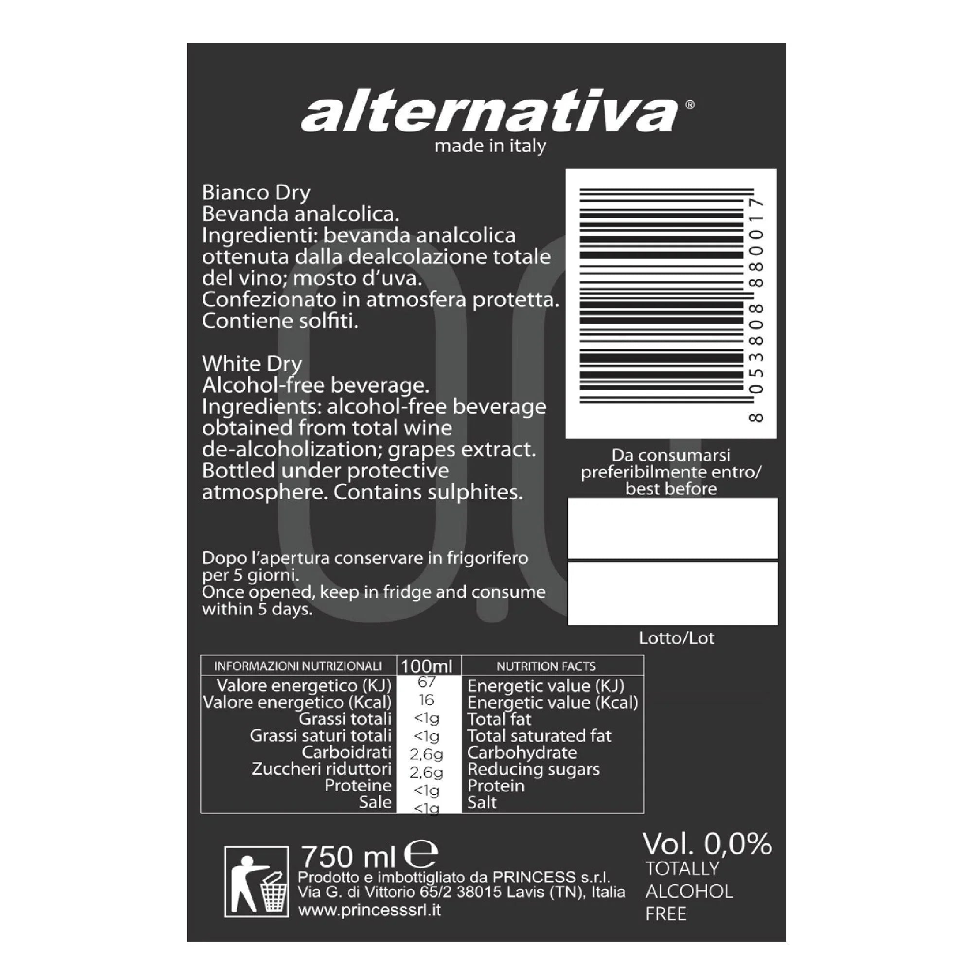 Alternativa 0.0% Bianco Halal-Certified (Alcohol Free) White Dry Wine 750ml