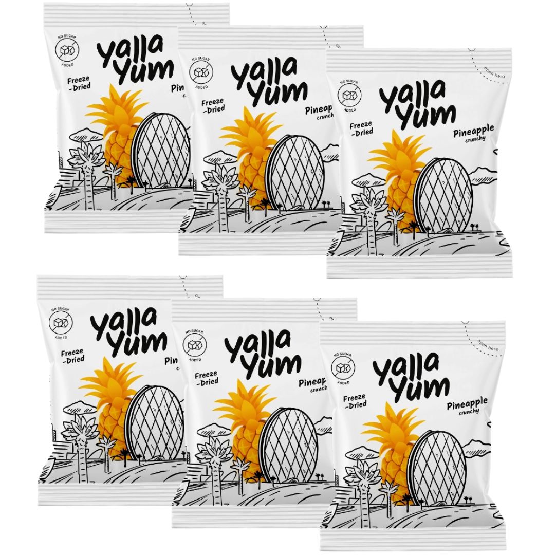 Yalla Yum freeze-dried pineapple crunchy snack packs, plant-based fruit product UAE