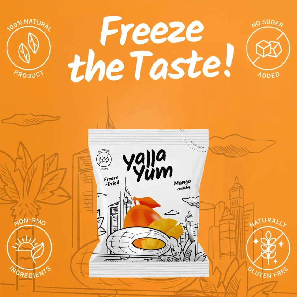Yalla Yum freeze-dried mango snack, 100% natural, non-GMO, gluten free, no sugar added.