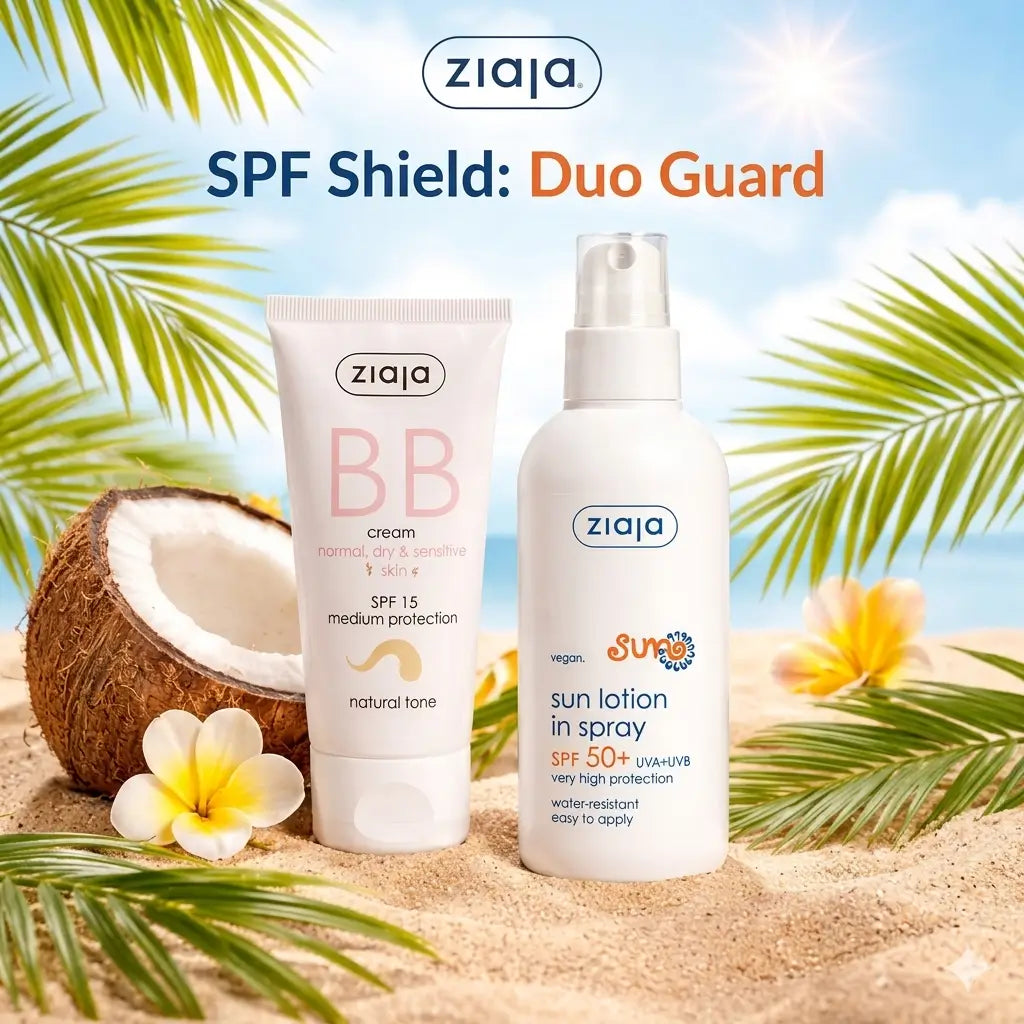Ziaja SPF Shield Duo Guard products on a beach setting with coconut and flowers.