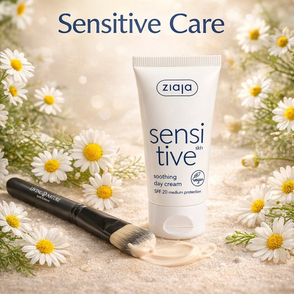Ziaja sensitive care cream with a brush on a natural background with flowers