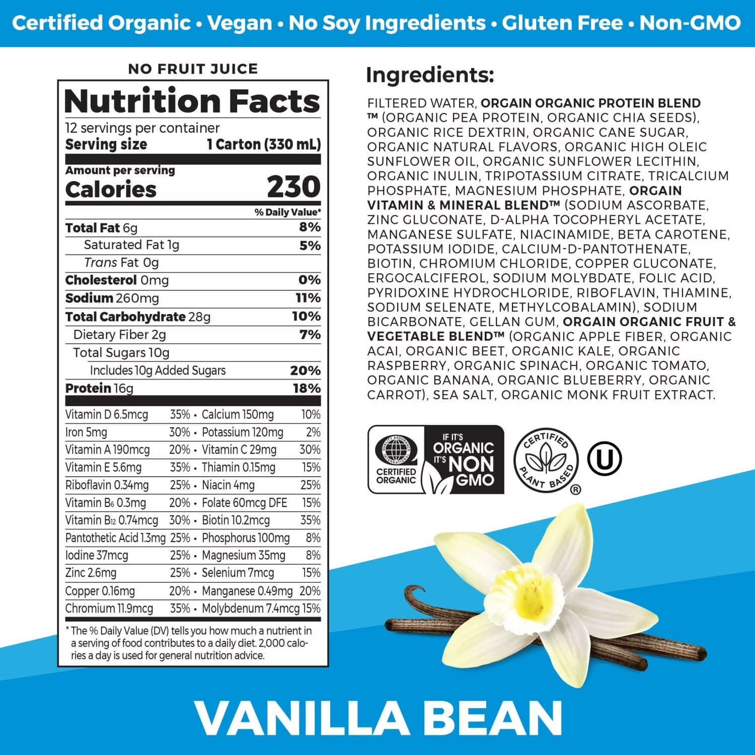 Orgain Organic Nutrition 16g Vegan Plant Based Protein Shake, Vanilla Bean 330ml