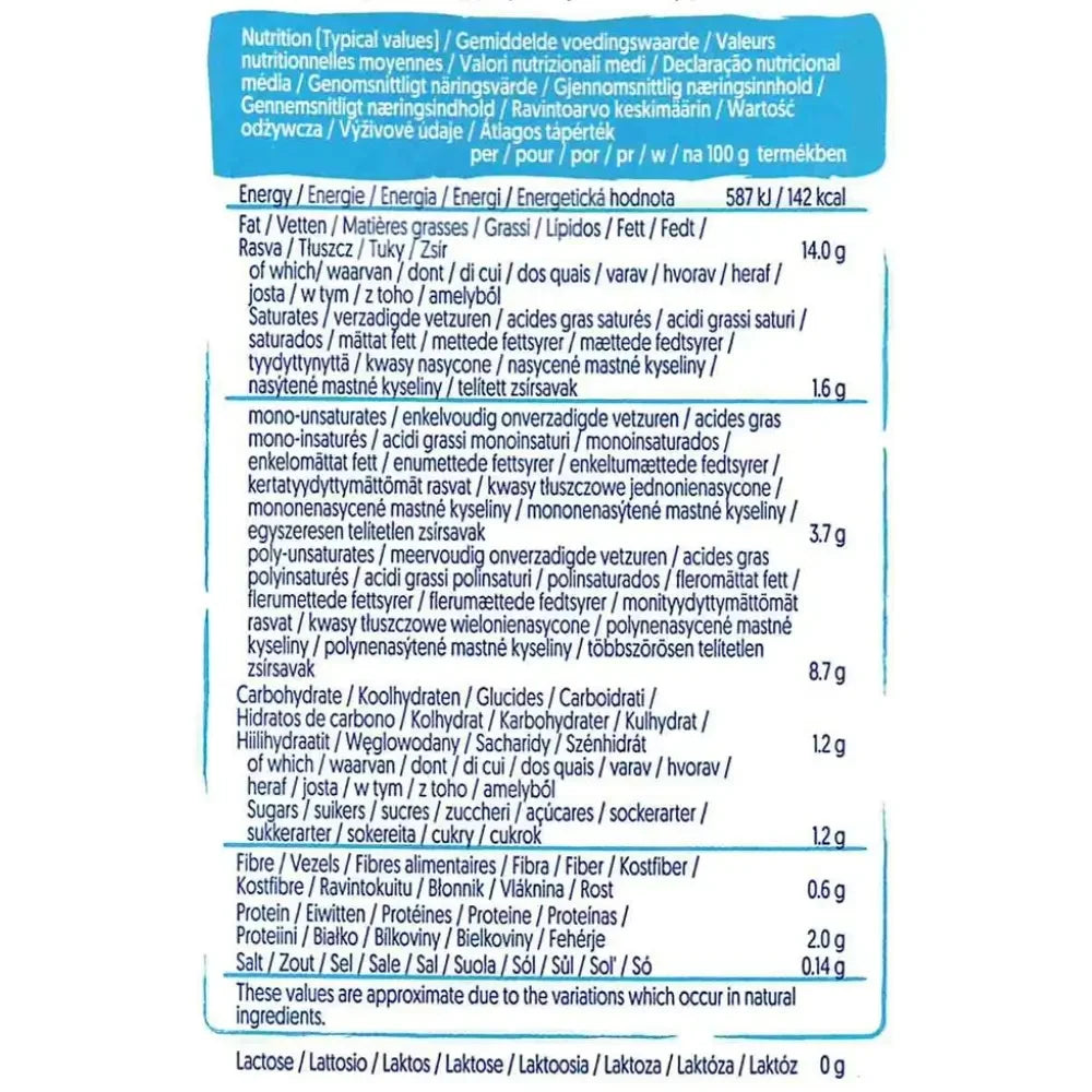 Nutritional information label on a product packaging with text in multiple languages.