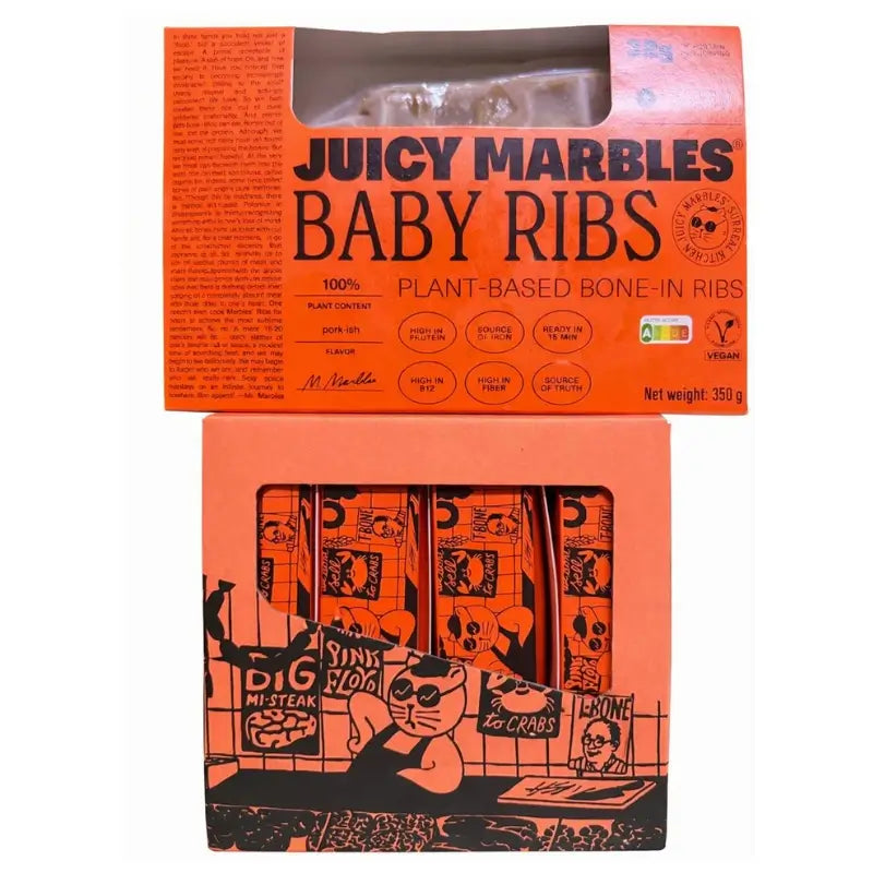 Box of Juicy Marbles Baby Ribs plant-based bone-in ribs packaging on a white background